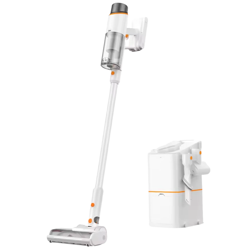 JONR VC10 Pro aspiradora escoba sin cable, cuerpo blanco con detalles naranjas, tubo largo, cabezal motorizado y base de carga compacta separada