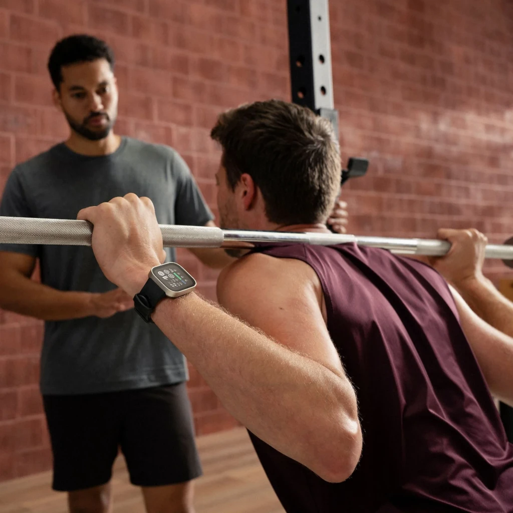 Amazfit Bip Max Smartwatch 2,07" AMOLED plateado en muñeca durante levantamiento de pesas; pantalla a color con métricas visibles y correa negra deportiva