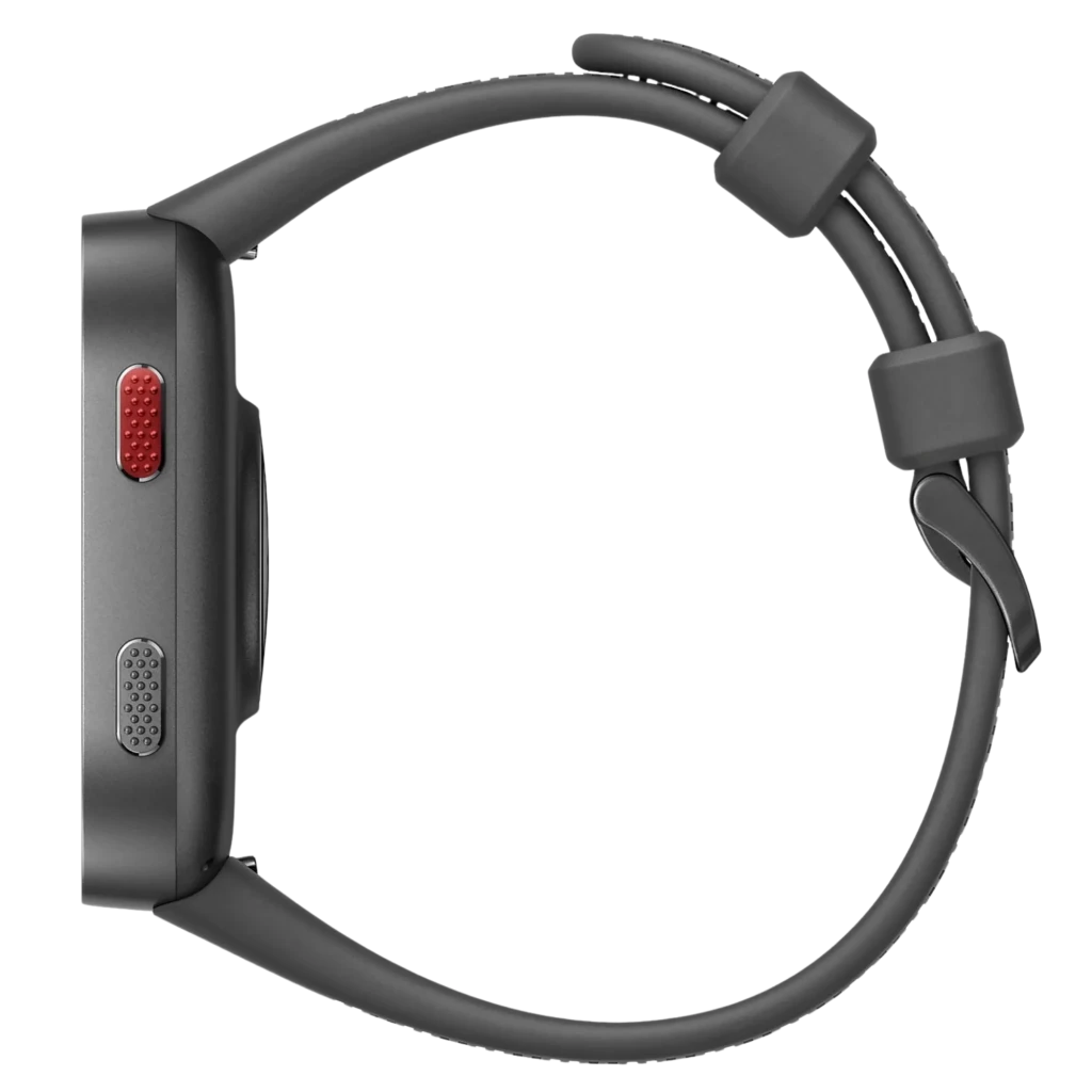 Boîtier gris carbone fin avec deux boutons latéraux texturés rouge et gris, écran large 2,07 pouces, bracelet silicone souple ajustable