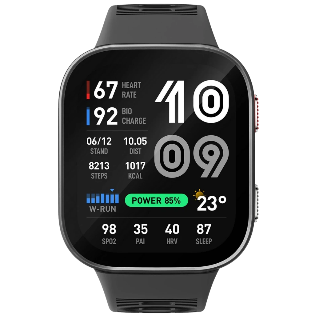 Amazfit Bip Max en gris carbón con pantalla AMOLED de 2,07 pulgadas, bordes redondeados y correa de silicona negra; muestra métricas de salud y batería en