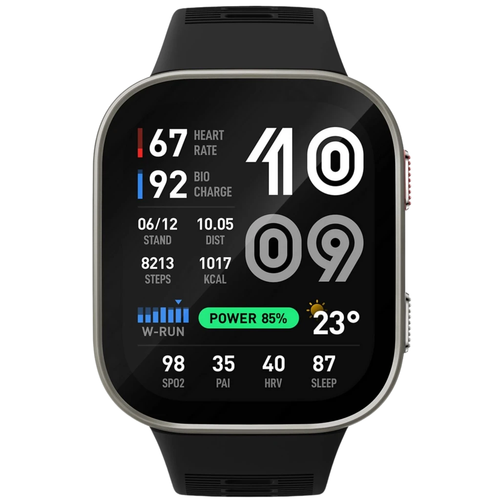 Amazfit Bip Max Smartwatch 2,07 AMOLED plateado con correa negra; pantalla rectangular con bordes curvos, métricas de salud, batería 85 y clima 23°C visibles
