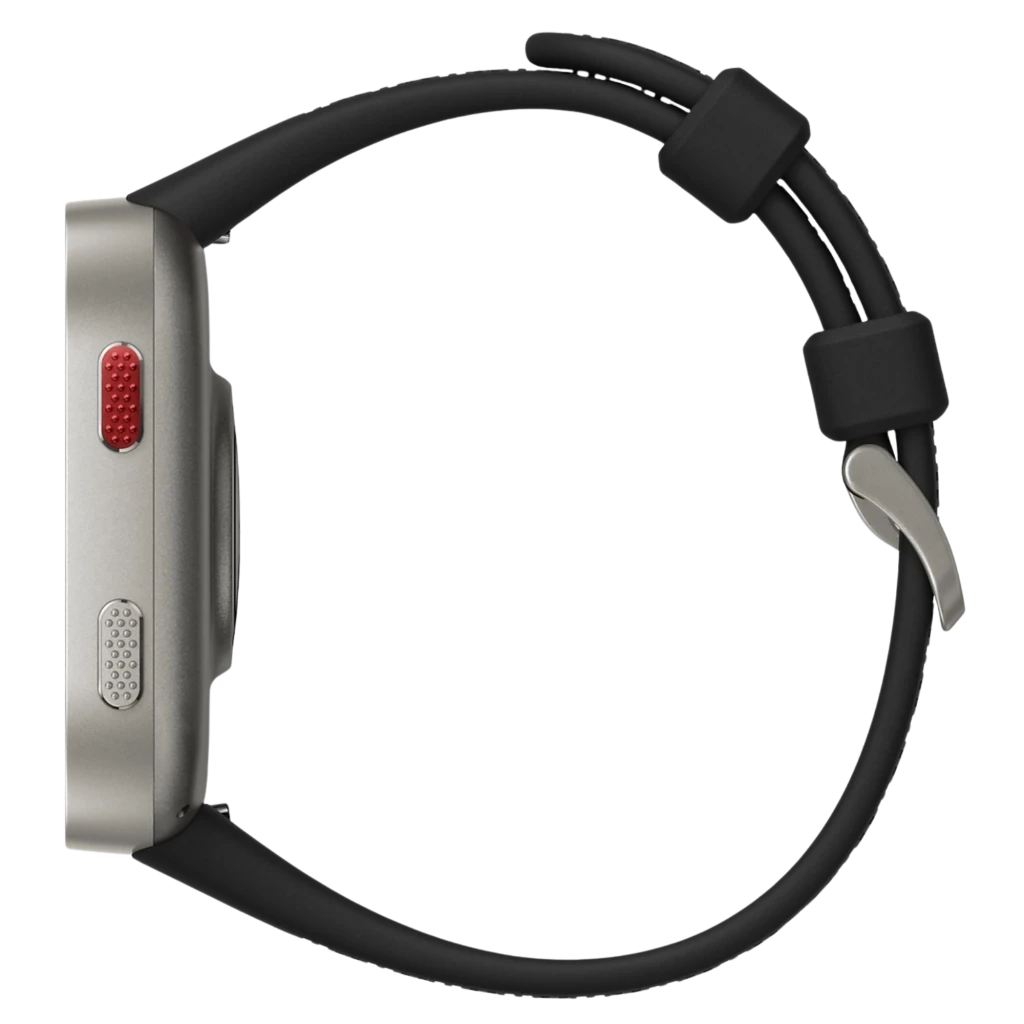 Amazfit Bip Max Smartwatch plateado visto de perfil con caja metálica, botón rojo texturizado, correa negra de silicona y hebilla clásica; diseño delgado y