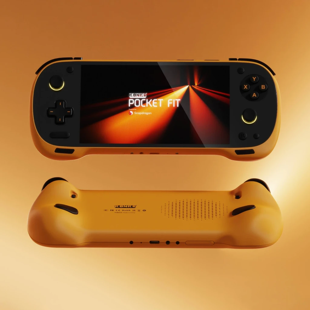 Ayaneo Konkr Pocket FIT Snapdragon 8 Elite 256 GB Amarillo, consola portátil amarilla con pantalla ancha, cruceta y botones ABXY negros, altavoces traseros