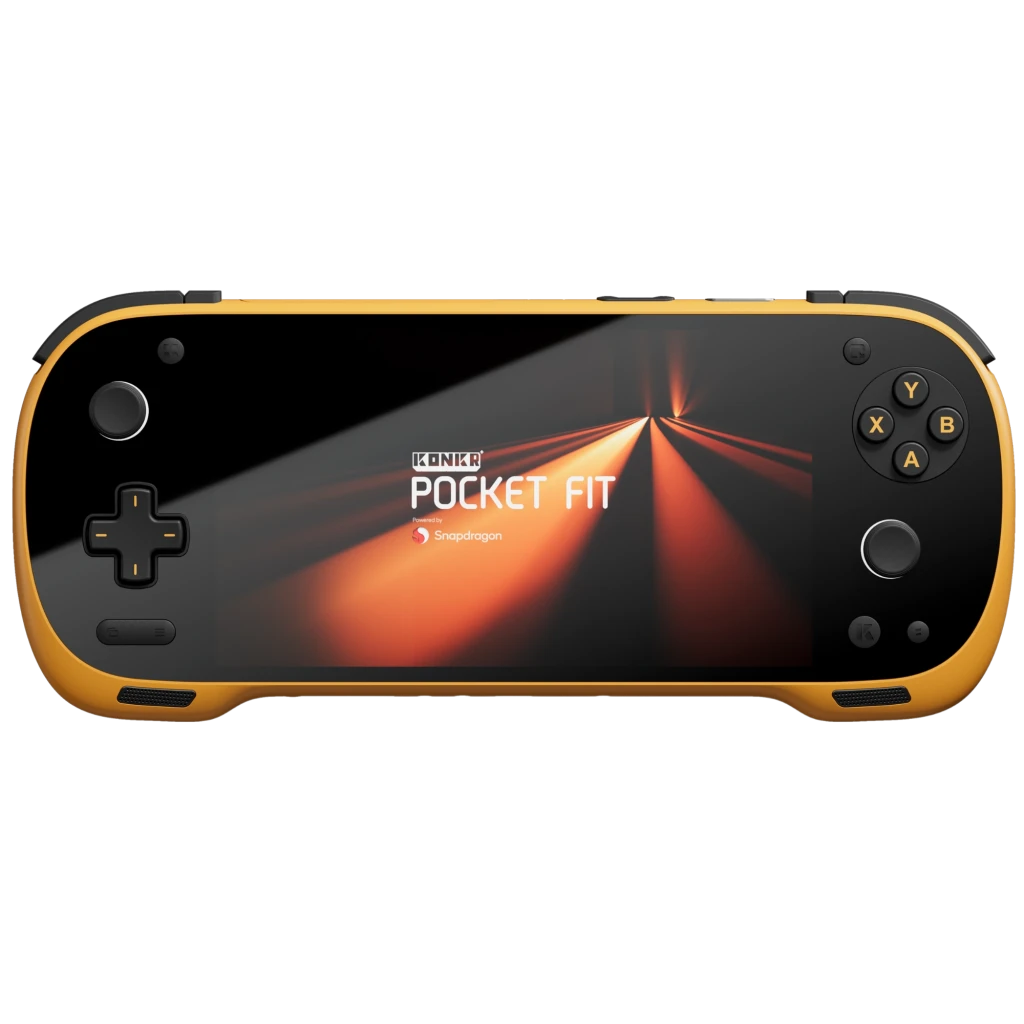 Ayaneo Konkr Pocket FIT amarillo: consola portátil con pantalla amplia, marco negro, botones ABXY, cruceta, joysticks duales y logotipo Snapdragon en pantalla