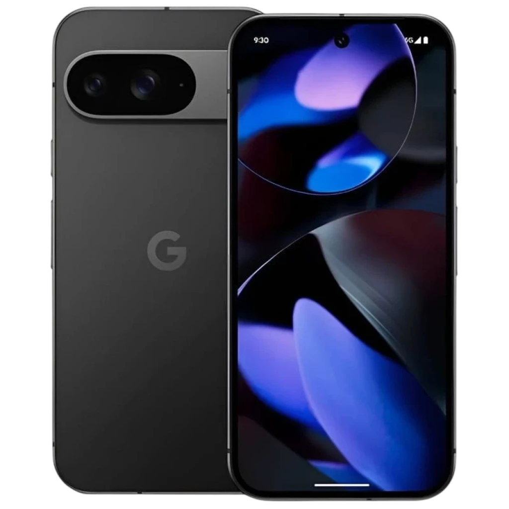 Google Pixel 9 5G 128GB Obsidiana recondicionado em excelente condição, corpo preto fosco, câmera dupla traseira horizontal e tela OLED com bordas finas