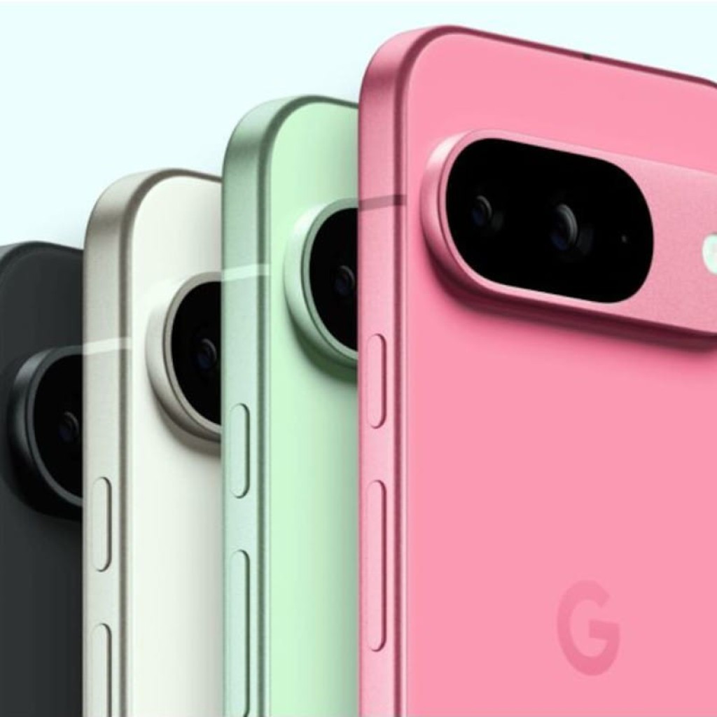 Câmeras duplas horizontais com flash, bordas retas e acabamentos em preto, prata, verde e rosa; botão lateral e design elegante em obsidiana