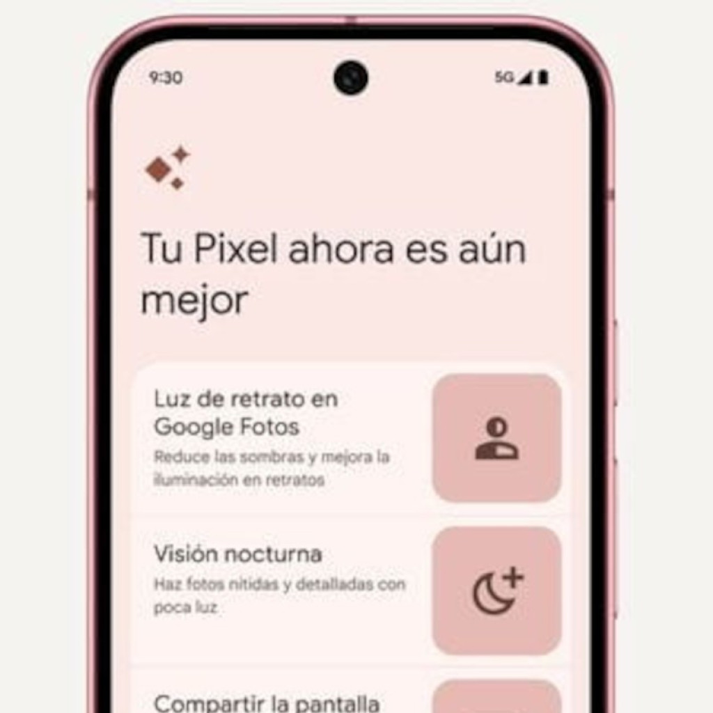 Tela do Google Pixel 9 5G mostrando interface em tons rosa, câmera frontal central em furo, bordas finas e indicadores 5G e bateria no topo