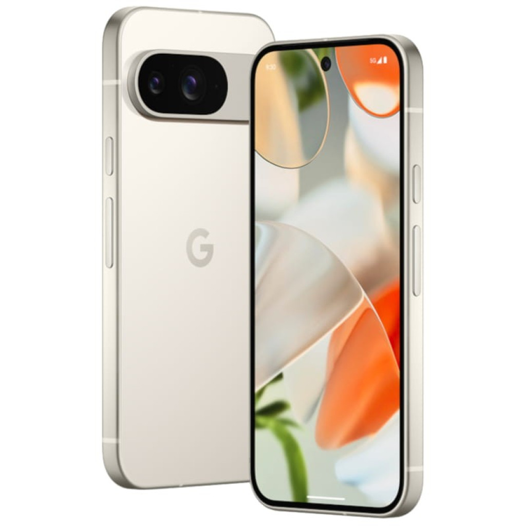 Smartphone porcelana con pantalla OLED sin bordes, cámara dual trasera en módulo negro, borde metálico mate y orificio centrado para la cámara frontal