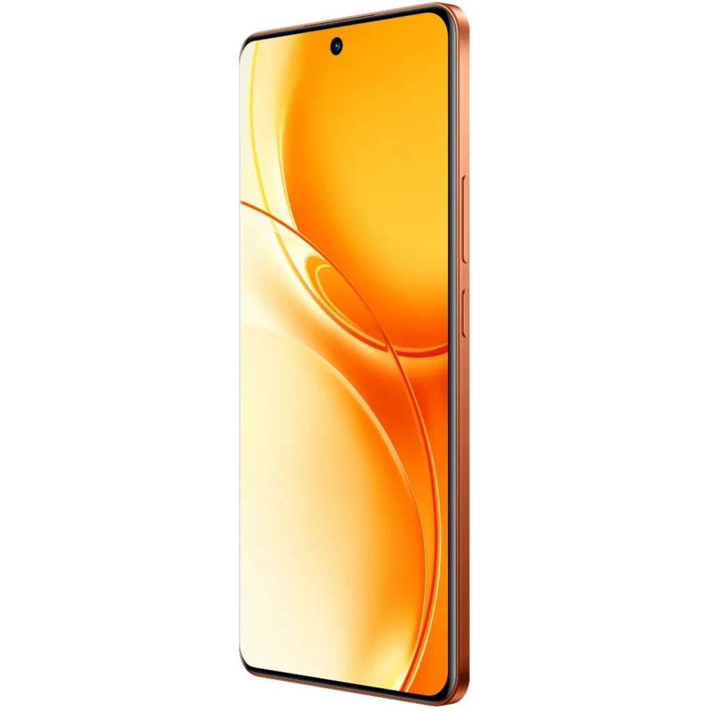Realme P4 Power 5G naranja con pantalla sin bordes y cámara frontal en orificio central, marco lateral con botones de volumen y encendido, diseño delgado y