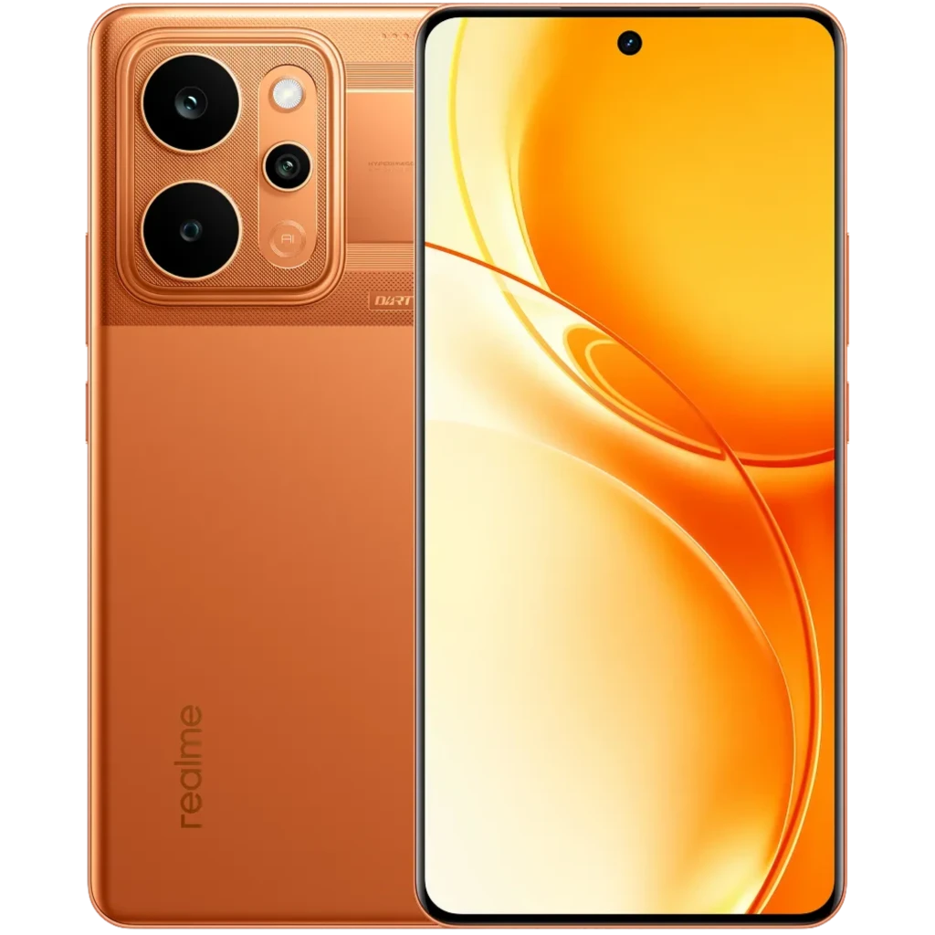 Realme P4 Power 5G naranja con pantalla sin bordes y cámara triple trasera con módulo grande, acabado mate metálico y lente frontal en orificio central
