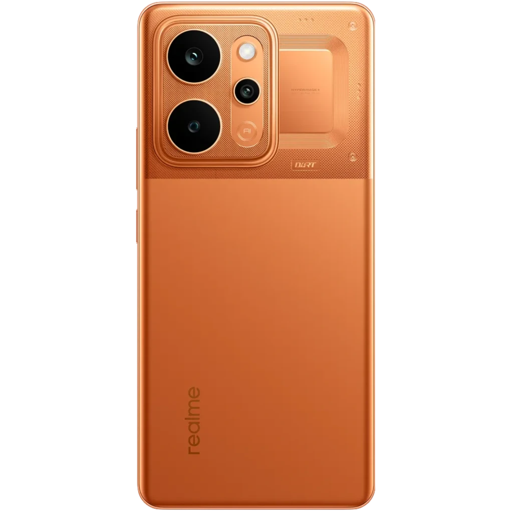 Realme P4 Power 5G naranja con módulo de cámara dual grande, acabado mate metálico, detalle táctil junto a las cámaras y logo realme en la parte inferior