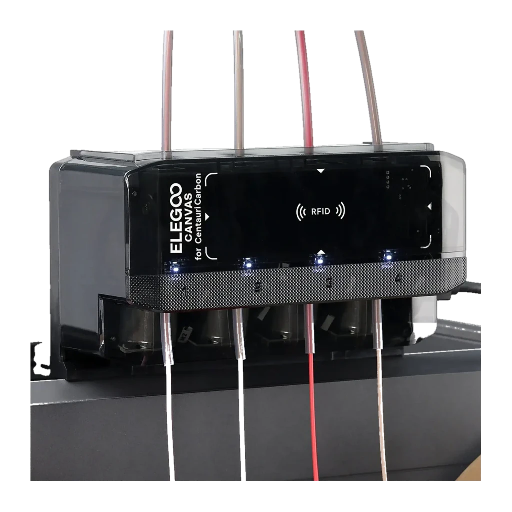 Elegoo Canvas para Centauri Carbon con 4 entradas de filamento, lector RFID y LEDs frontales; módulo compacto para impresión FDM a 500 mm/s