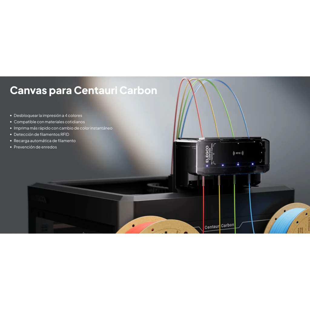 Módulo Elegoo Canvas para Centauri Carbon con 4 entradas de filamento, lector RFID, luces indicadoras y tubos Bowden multicolor para impresión multicolor