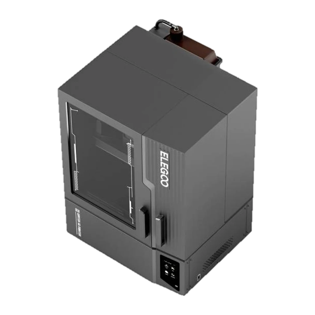 Elegoo Jupiter 2 16K MSLA: chasis negro robusto, puerta frontal translúcida con manija, panel lateral con logotipo, ventilación inferior y depósito superior