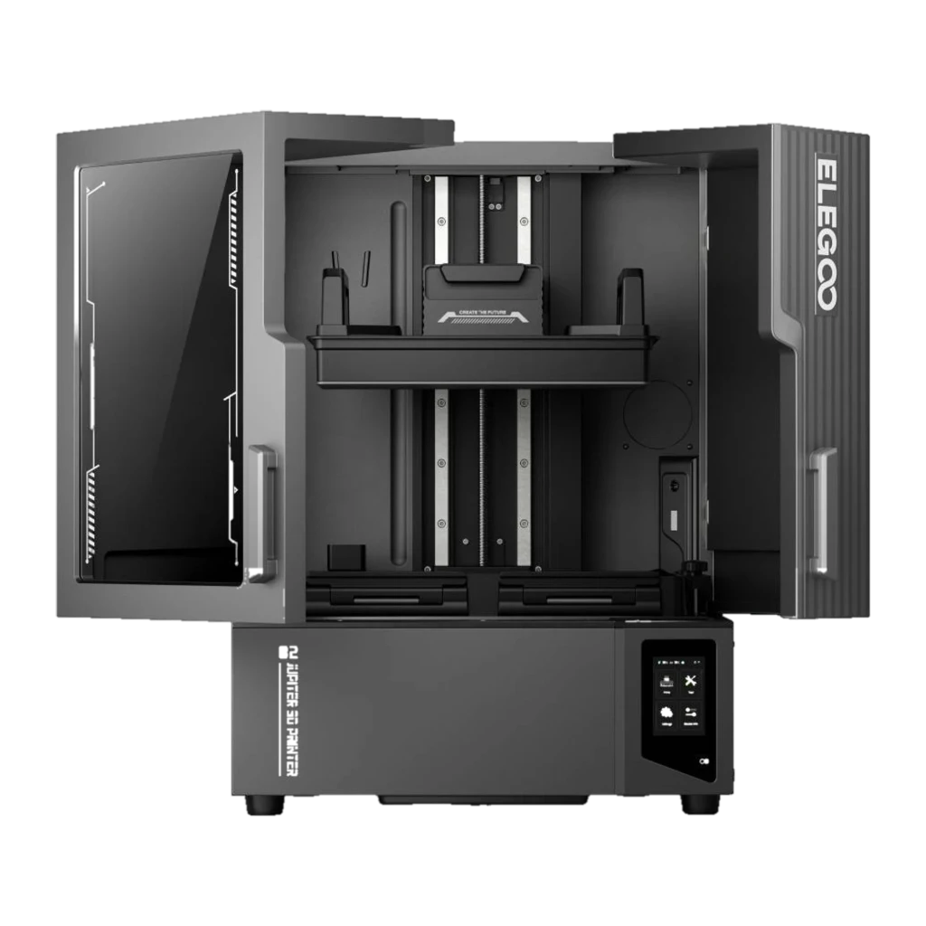 Impresora 3D Elegoo Jupiter 2 MSLA 16K, cabina abierta, rieles dobles Z, gran volumen 302×162×300 mm, pantalla táctil frontal y diseño robusto en gris