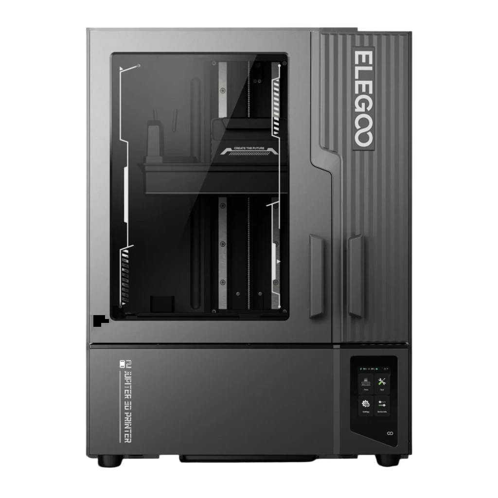Impresora 3D Elegoo Jupiter 2 16K MSLA con chasis metálico gris, panel táctil frontal, ventana transparente y gran volumen 302×162×300 mm, alta precisión