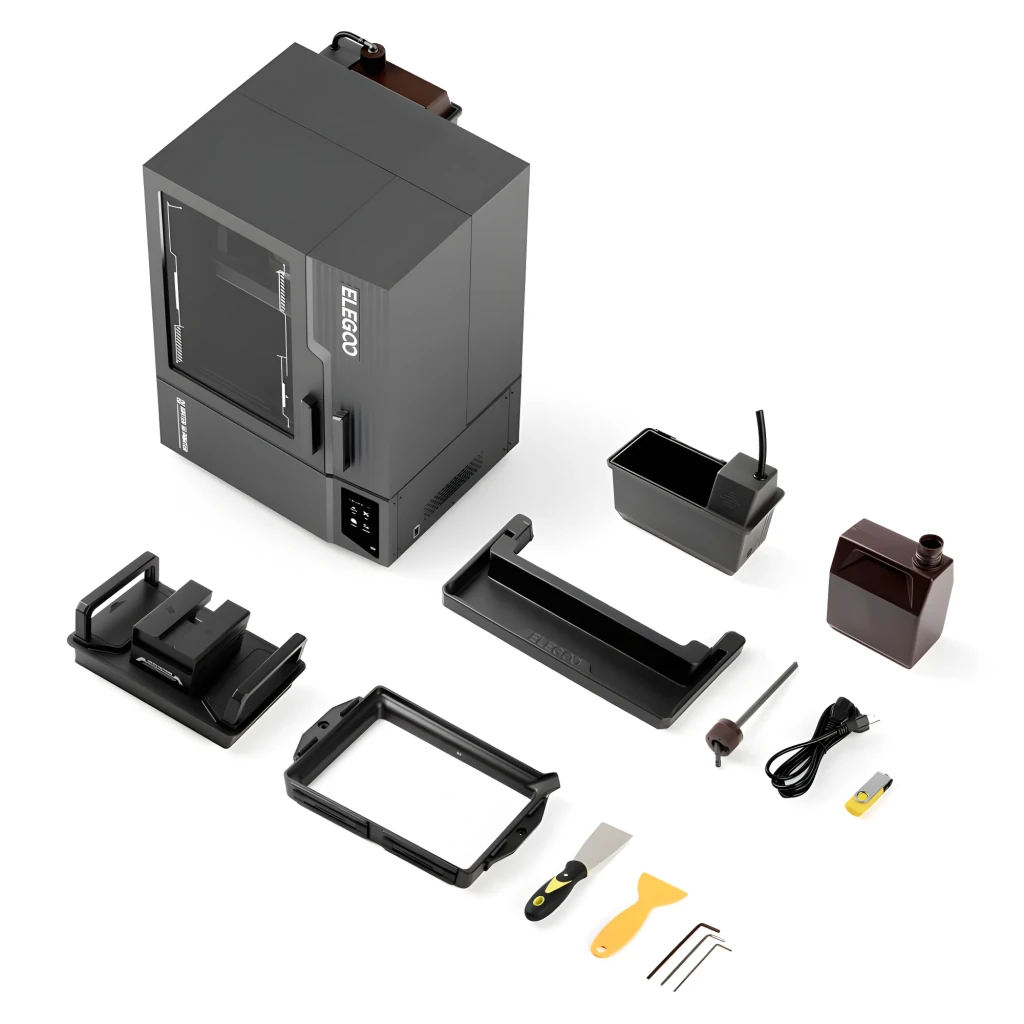 Impresora 3D Elegoo Jupiter 2 16K negra con cabina frontal, pantalla y bandeja, incluye cuba de resina, plataforma, filtros, espátulas, llaves y cables