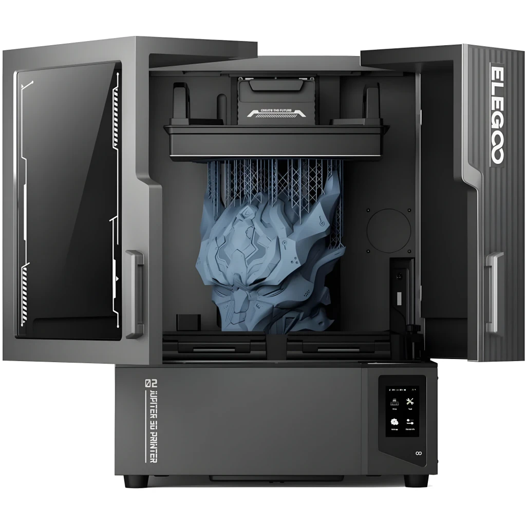 Impresora 3D Elegoo Jupiter 2 MSLA gris con cubierta abatible, gran volumen 302×162×300 mm, pantalla 16K y panel táctil; modelo en resina en la plataforma
