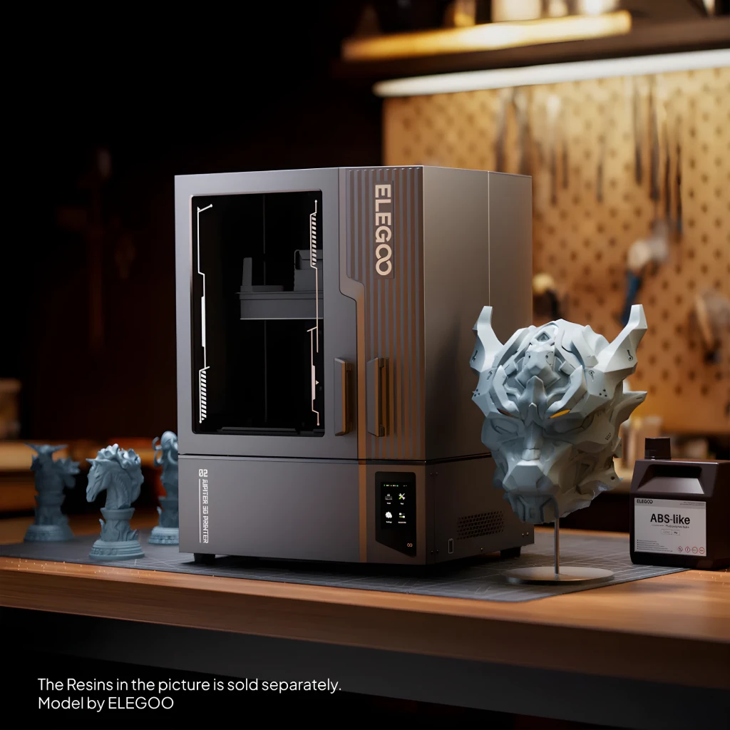 Impresora 3D Elegoo Jupiter 2 MSLA gris con ventana frontal, pantalla táctil inferior, gran volumen 302×162×300 mm y modelo de dragón impreso en resina