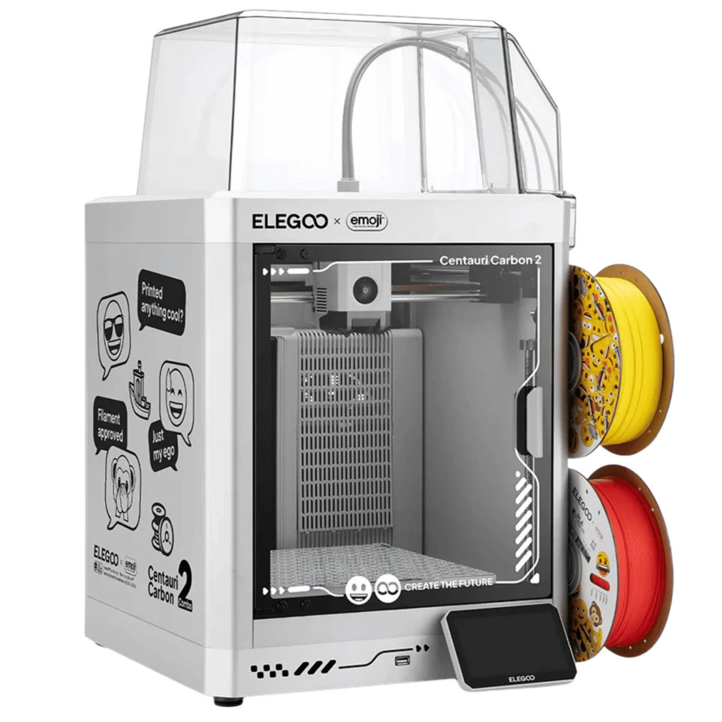 Impresora 3D Elegoo Centauri Carbon 2 Combo x Emoji con cabina transparente, chasis blanco, pantalla táctil frontal y portabobinas dual lateral