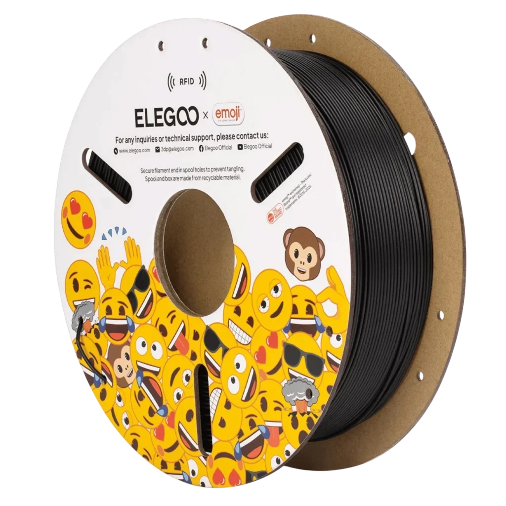 Bobina de filamento PLA 1.75 mm negro, 1 kg, marca ELEGOO x Emoji, carrete con diseño de emojis y bordes de cartón, enrollado uniforme y limpio