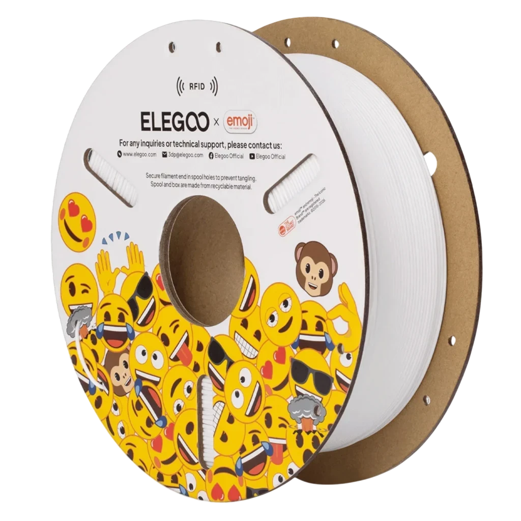 ELEGOO x Emoji PLA Blanco 1.75 mm, bobina 1 kg. Carrete con diseño de emojis coloridos, filamento blanco uniforme y enrollado limpio para impresoras 3D FDM