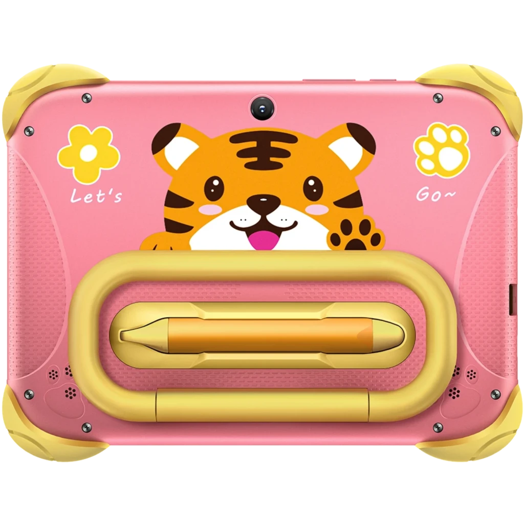 Tableta infantil rosa y azul con funda resistente, diseño de tigre alegre, cámara trasera y lápiz integrado en soporte central; esquinas reforzadas.