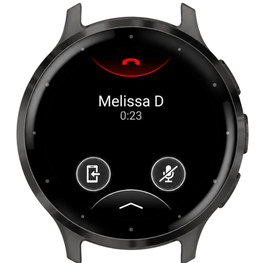 Garmin Venu 3 Gris Renovado en excelente estado, pantalla circular negra con llamada en curso, botones laterales, iconos de colgar, batería y silenciar