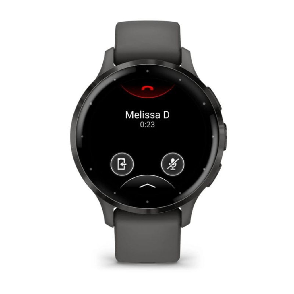 Garmin Venu 3 Gris Renovado en excelente estado con pantalla circular negra, correa de silicona gris y controles de llamada y micrófono en pantalla