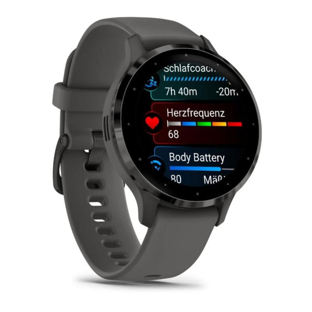 Garmin Venu 3 gris renovado en excelente estado, caja negra redonda, correa de silicona gris, pantalla AMOLED a color con métricas de salud y fitness