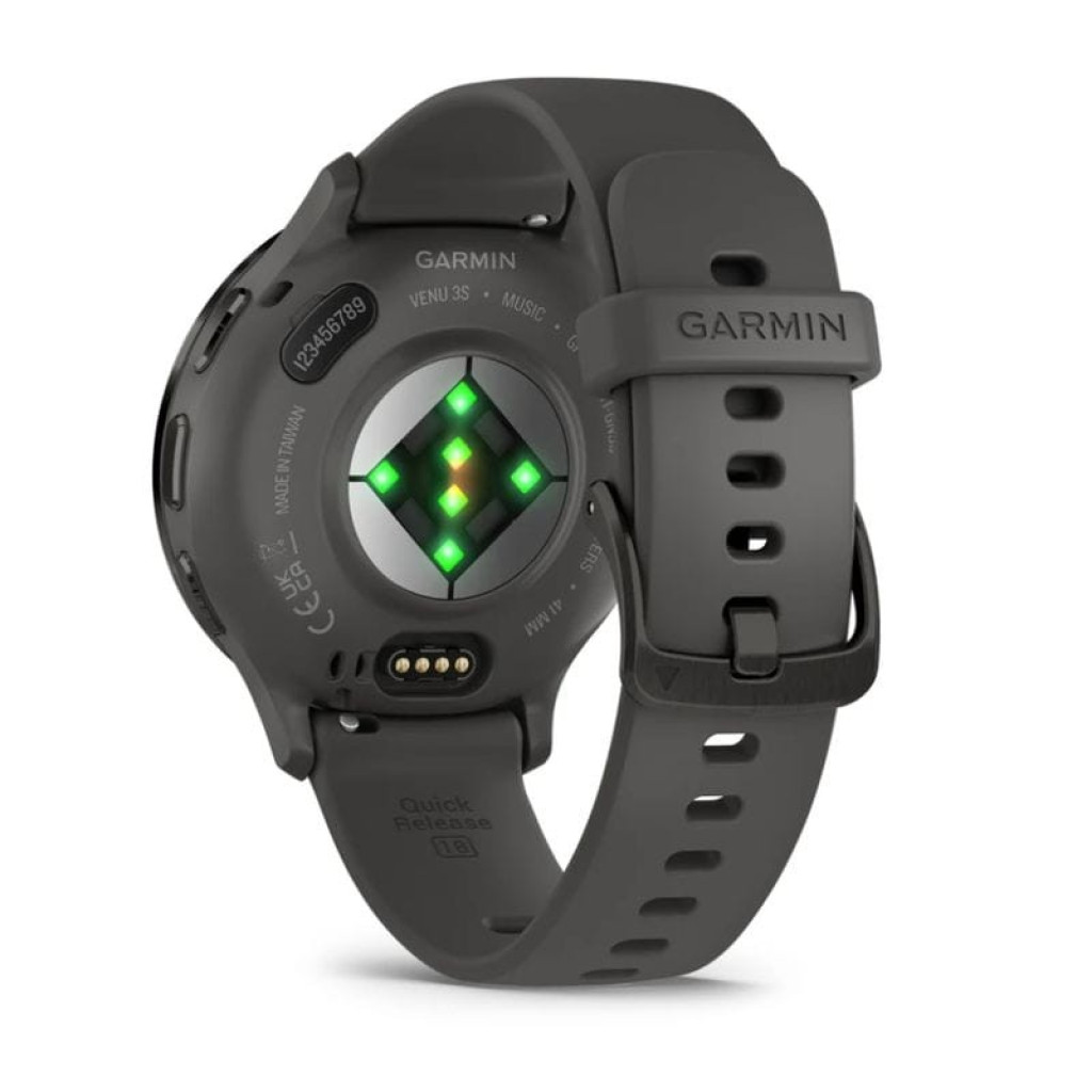 Garmin Venu 3 gris renovado en excelente estado, vista trasera. Sensor de salud con LEDs verdes, correa de silicona gris con hebilla y sistema Quick Release.