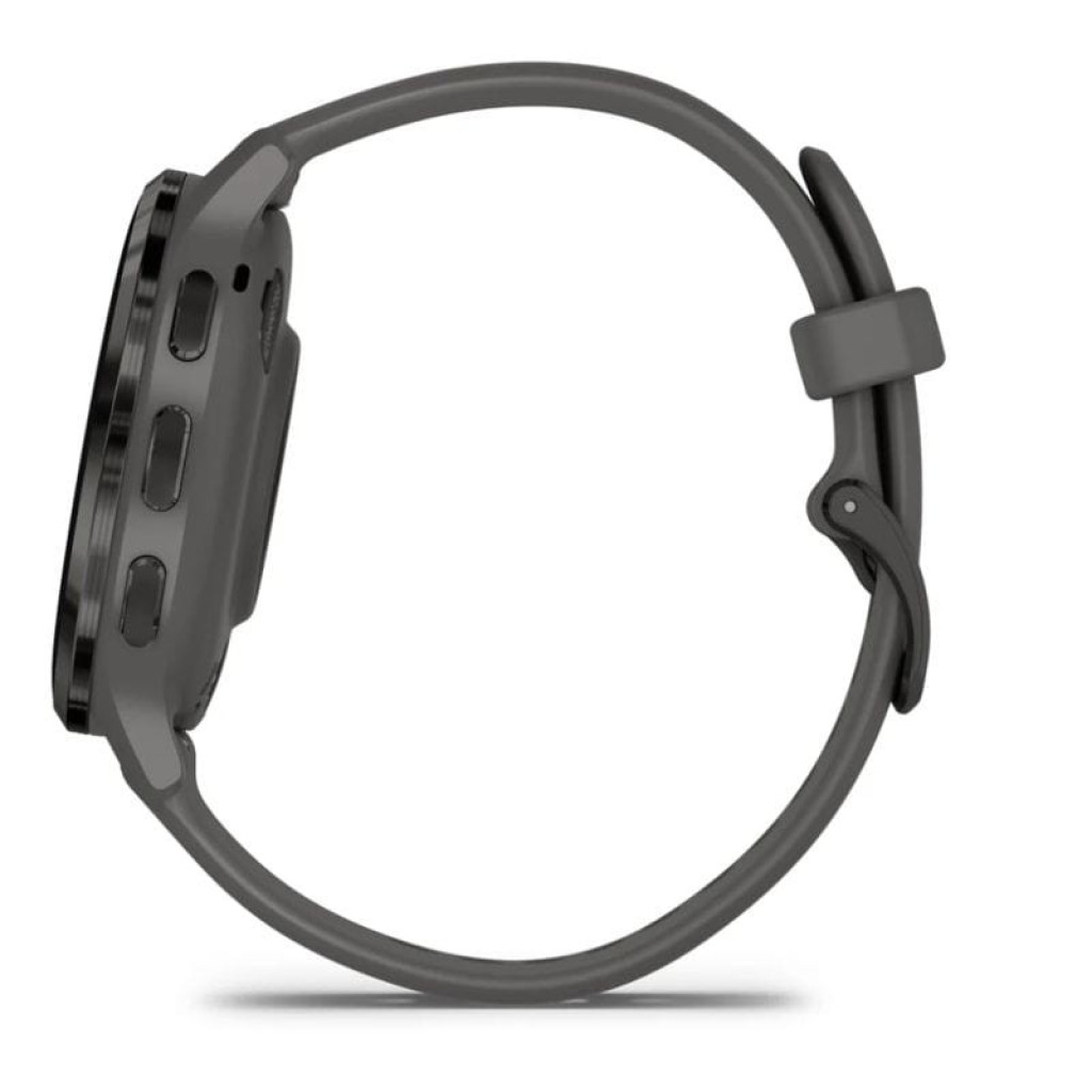 Garmin Venu 3 Gris Renovado en estado excelente, vista lateral. Caja redonda negra, tres botones, bisel metálico y correa de silicona gris ajustable.