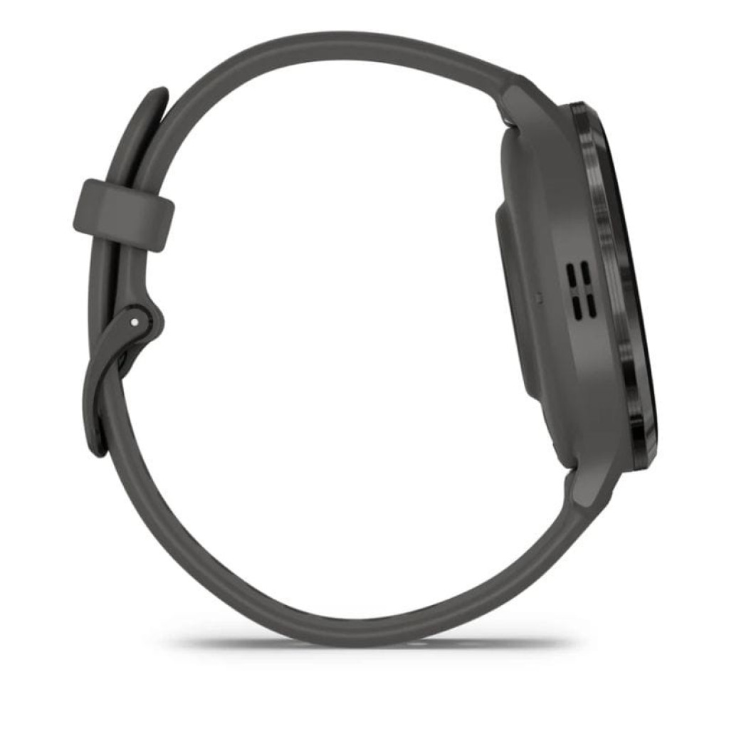 Garmin Venu 3 Gris Renovado en estado excelente, vista lateral: carcasa redonda negra, bisel metálico oscuro, correa de silicona gris con hebilla ajustable