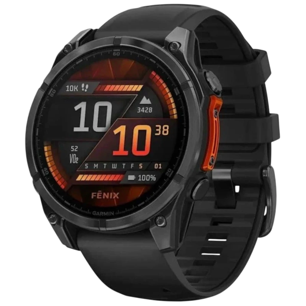 Garmin Fenix 8 AMOLED 47mm Acero Negro - Reloj inteligente con bisel de acero negro, correa de silicona, pantalla AMOLED a color y botones laterales naranja