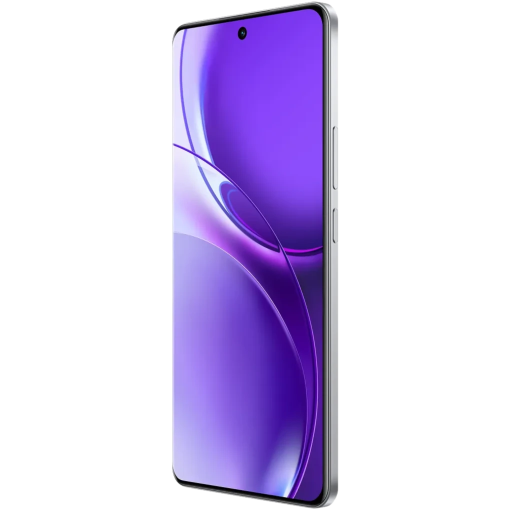 Realme P4 Power 5G plata con pantalla sin bordes y perforación central, lateral delgado con botones de volumen y encendido, acabado metálico brillante, 144 Hz