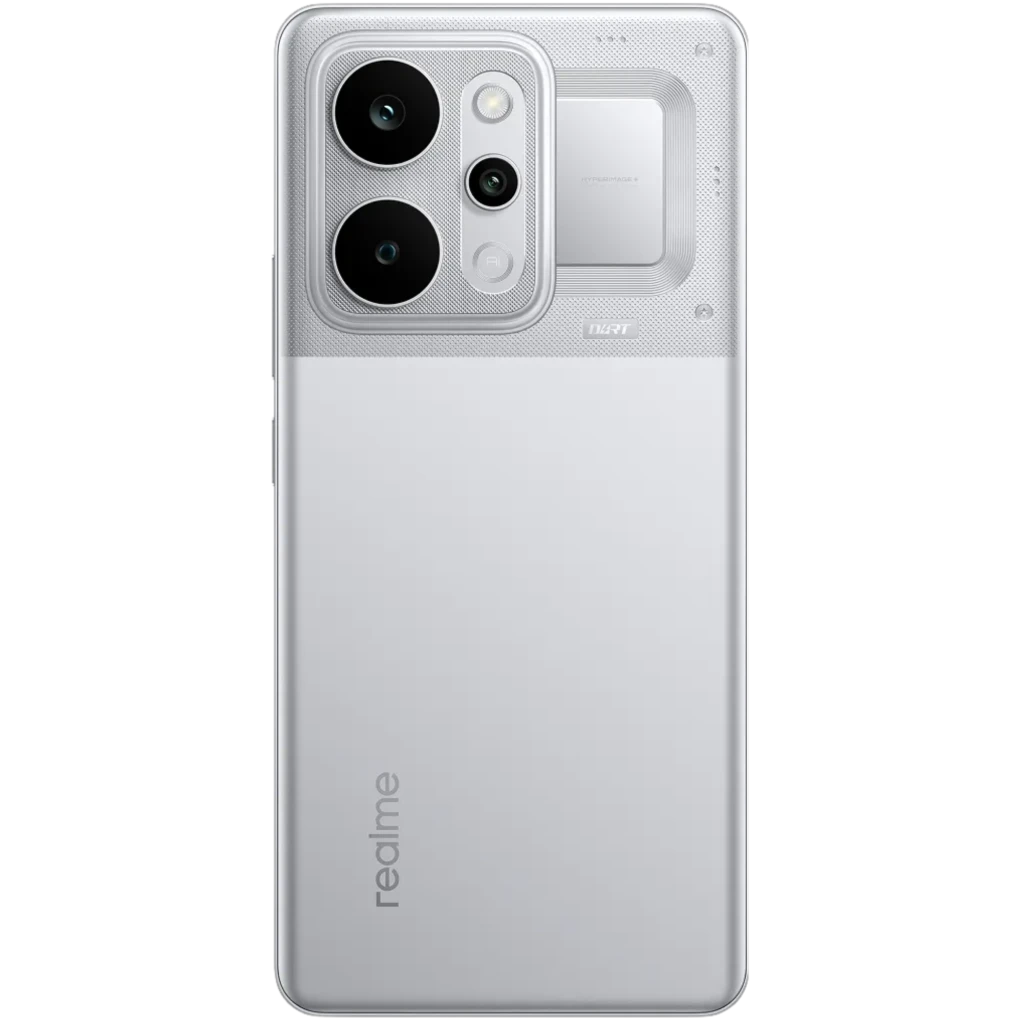 Realme P4 Power 5G plata con módulo de cámara rectangular, dos lentes grandes y una tercera pequeña con flash; acabado mate y logo realme discreto