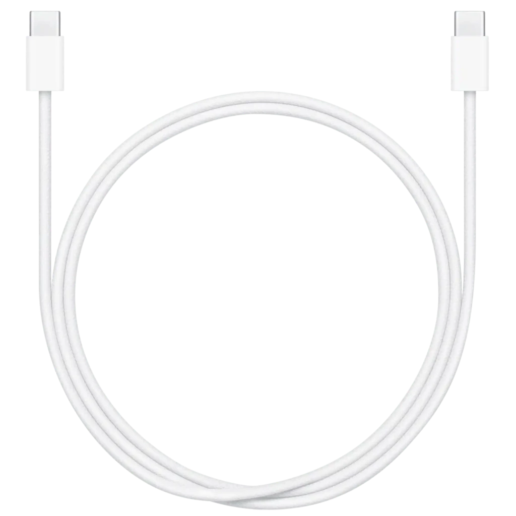 Cable Apple USB-C a USB-C 60W 1m, color blanco, diseño trenzado resistente, conectores USB-C simétricos, ideal para carga rápida y datos