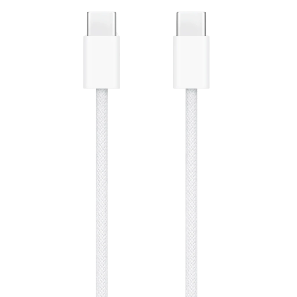 Cable Apple USB-C a USB-C 60W 1m, color blanco, conectores USB-C simétricos y carcasa compacta, cable trenzado resistente para carga y datos