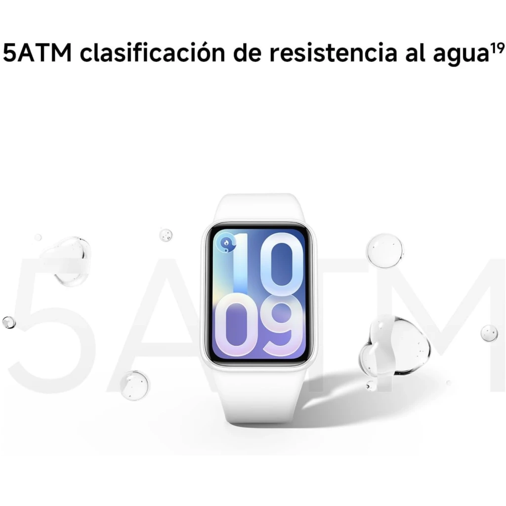 Reloj inteligente blanco con pantalla AMOLED rectangular 1,74 pulgadas, números grandes en tonos pastel y gotas de agua, resistencia 5 ATM NFC incluido