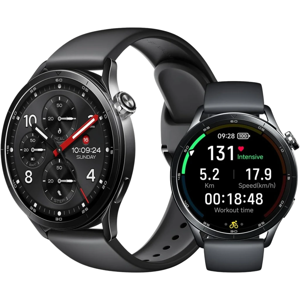 Montre connectée Xiaomi Watch S5 46 mm noire, boîtier rond métal, écran AMOLED 1,48 pouce, cadrans sportifs, bracelet silicone, boutons latéraux, étanche