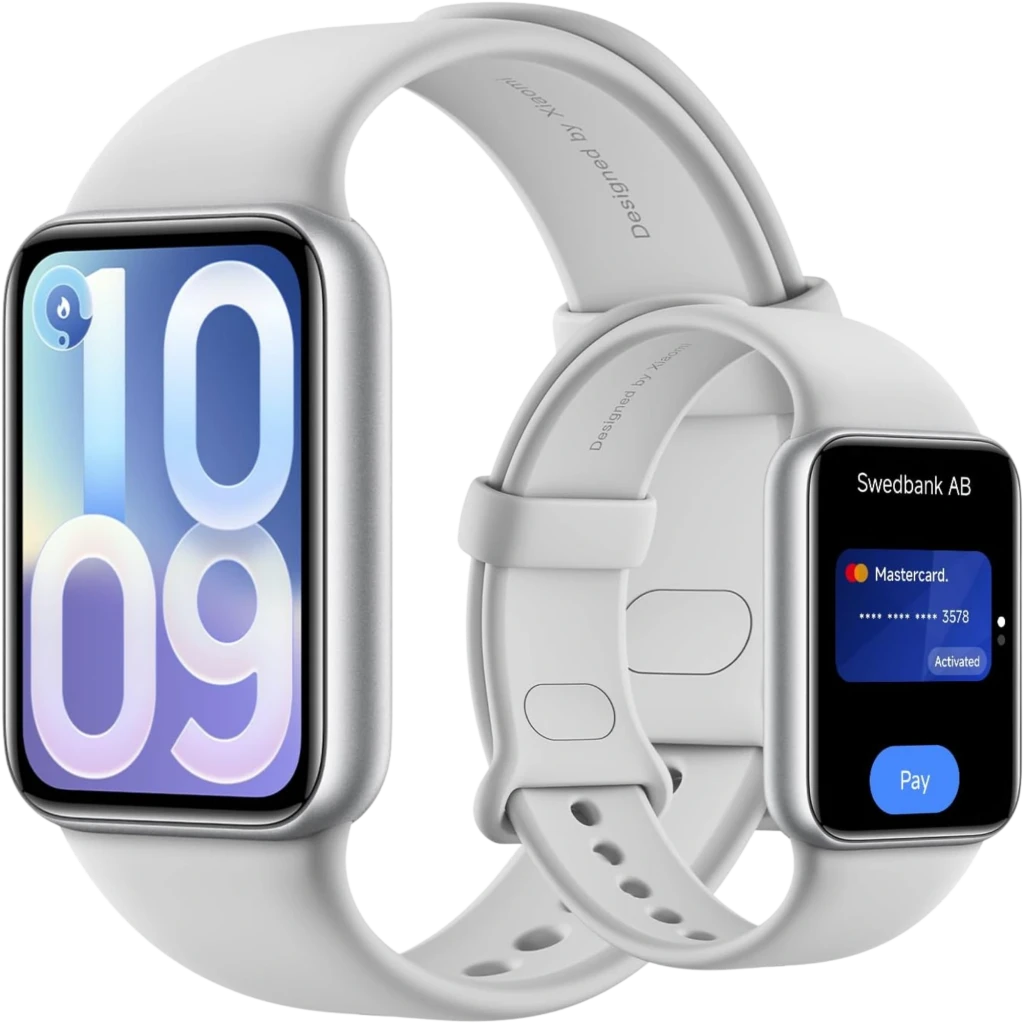 Xiaomi Smart Band 10 Pro NFC en plata con pantalla AMOLED 1,74, correas de silicona, bordes curvos, interfaz deportiva y pago sin contacto activa