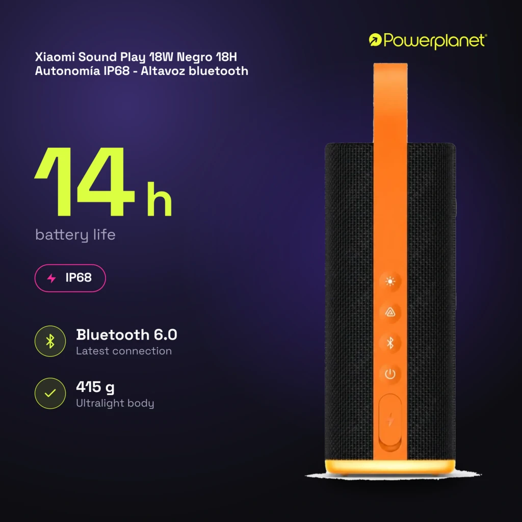 Altavoz Bluetooth Xiaomi Sound Play negro con correa naranja, malla textil, botones laterales, potencia 18W, resistencia IP68 y autonomía de 14h