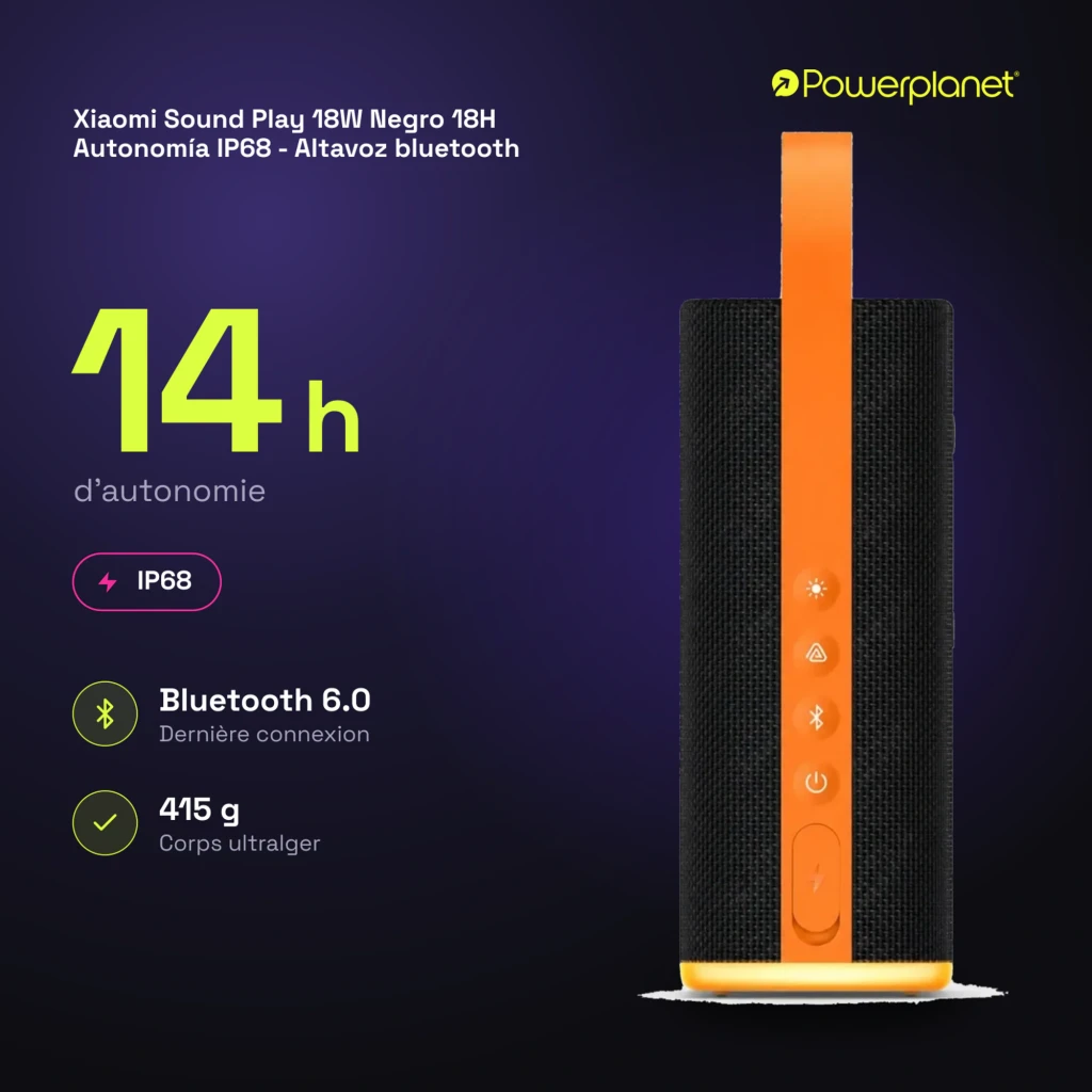 Altavoz Bluetooth Xiaomi Sound Play negro con correa naranja, rejilla textil, botones laterales iluminados, diseño compacto, IP68, 18W y autonomía de 14h