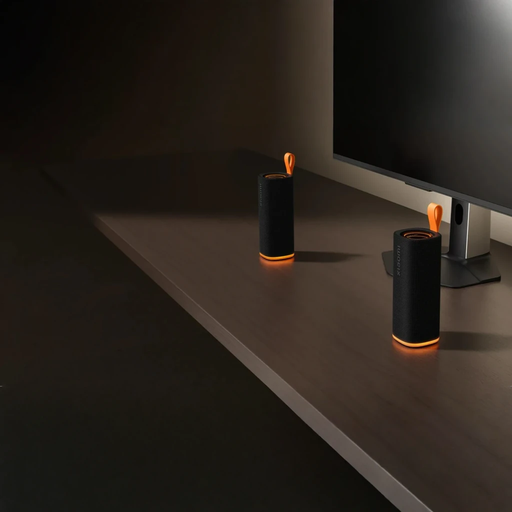 Altavoz Bluetooth Xiaomi Sound Play negro cilíndrico con malla textil, base y asa naranja, luz LED inferior, diseño compacto junto a monitor en escritorio