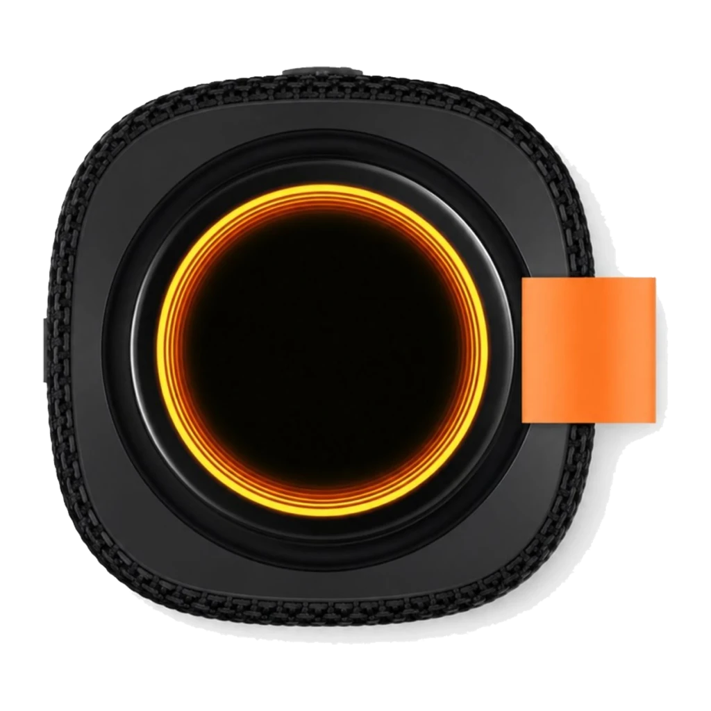 Altavoz Bluetooth Xiaomi Sound Play negro, cuerpo cuadrado con rejilla textil, aro luminoso naranja, correa lateral naranja, diseño resistente IP68
