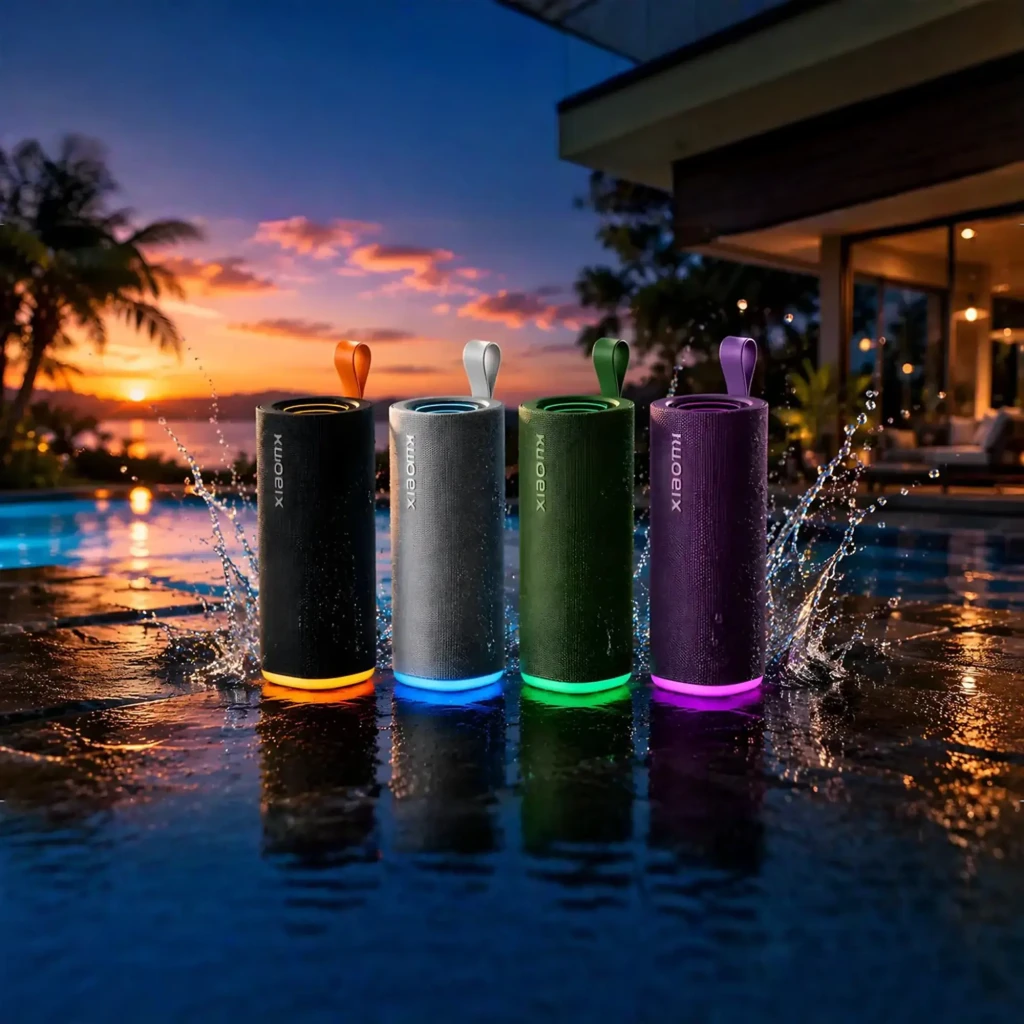 Altavoz Bluetooth Xiaomi Sound Play negro cilíndrico con asa, malla textil y aro LED inferior; diseño robusto IP68, estilo portátil junto a piscina al
