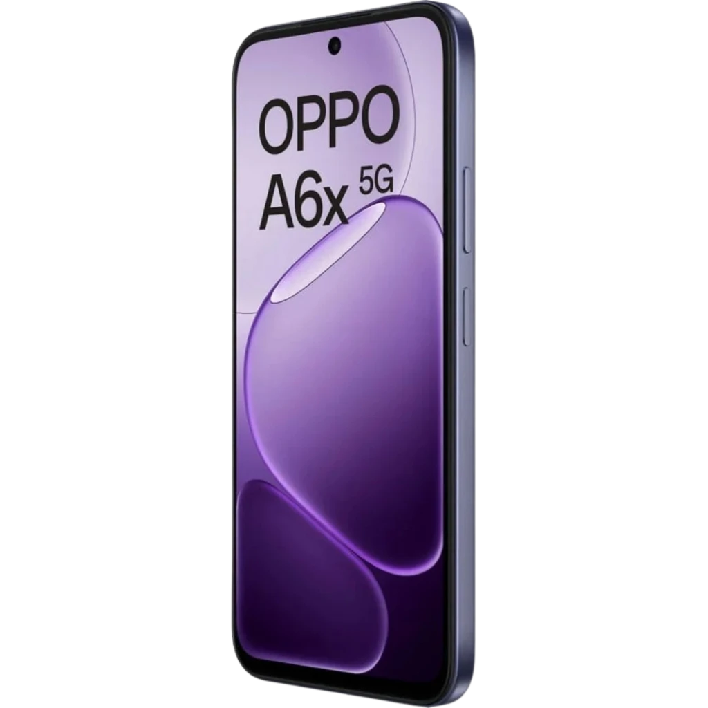 OPPO A6X 5G 256 GB Negro con pantalla casi sin bordes y cámara frontal en orificio, marco delgado y botones laterales; diseño moderno y elegante