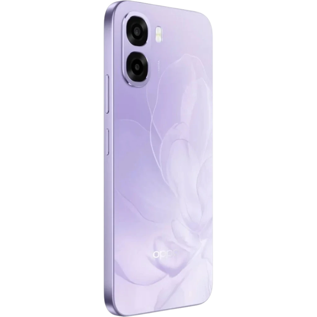 OPPO A6X 5G 256 GB Lila con 8 GB RAM, acabado lila brillante con flor grabada, doble cámara trasera y bordes planos elegantes