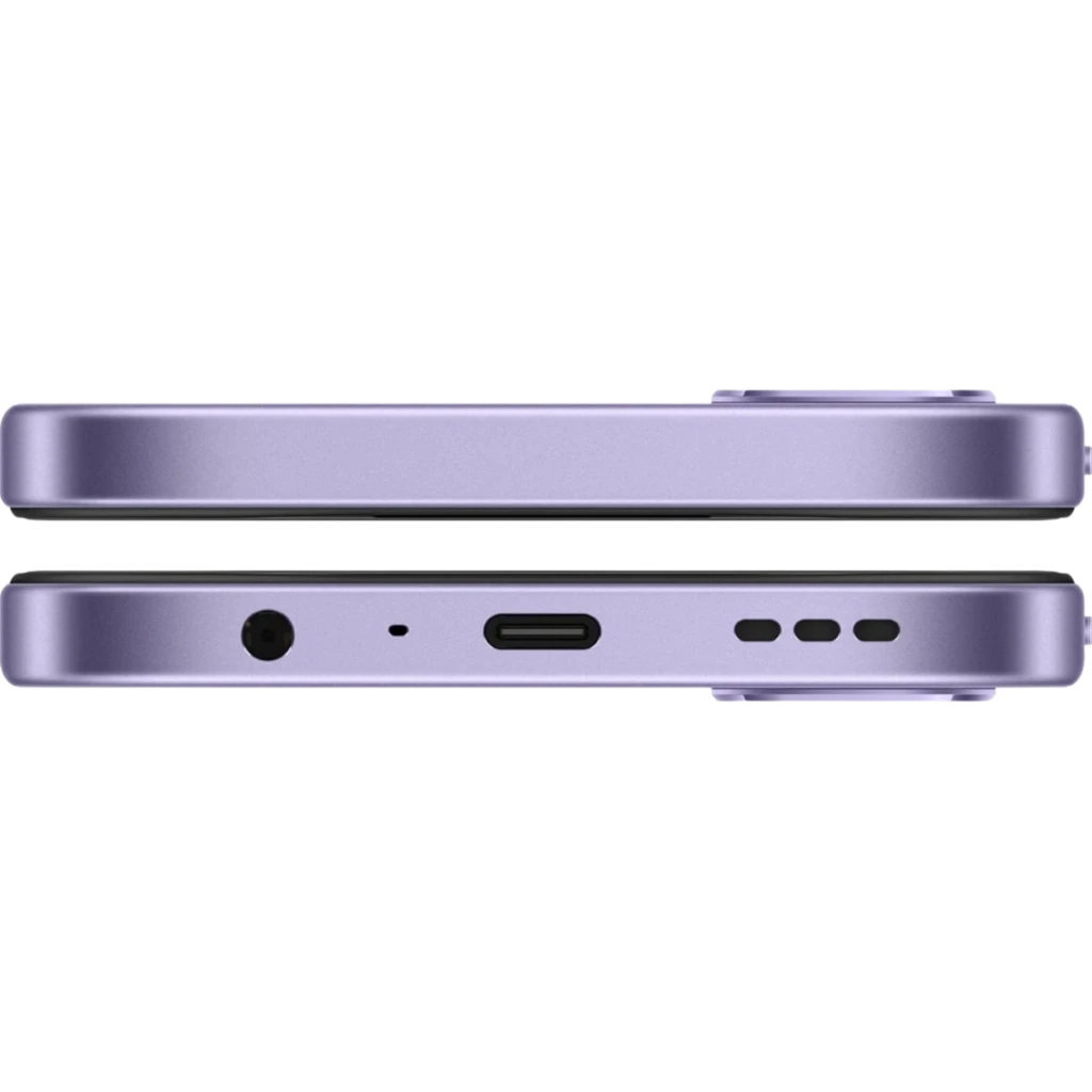 Borde lateral lila del OPPO A6X 5G con módulo de cámara sobresaliente, puerto USB-C, jack 3.5 mm, micrófono y ranuras de altavoz en diseño delgado