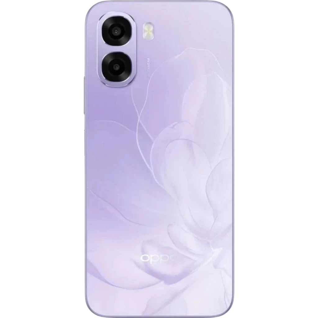 OPPO A6X 5G 256 GB Lila 8 GB MediaTek Dimensity con tapa trasera lavanda floral, doble cámara vertical y flash LED, acabado brillante elegante